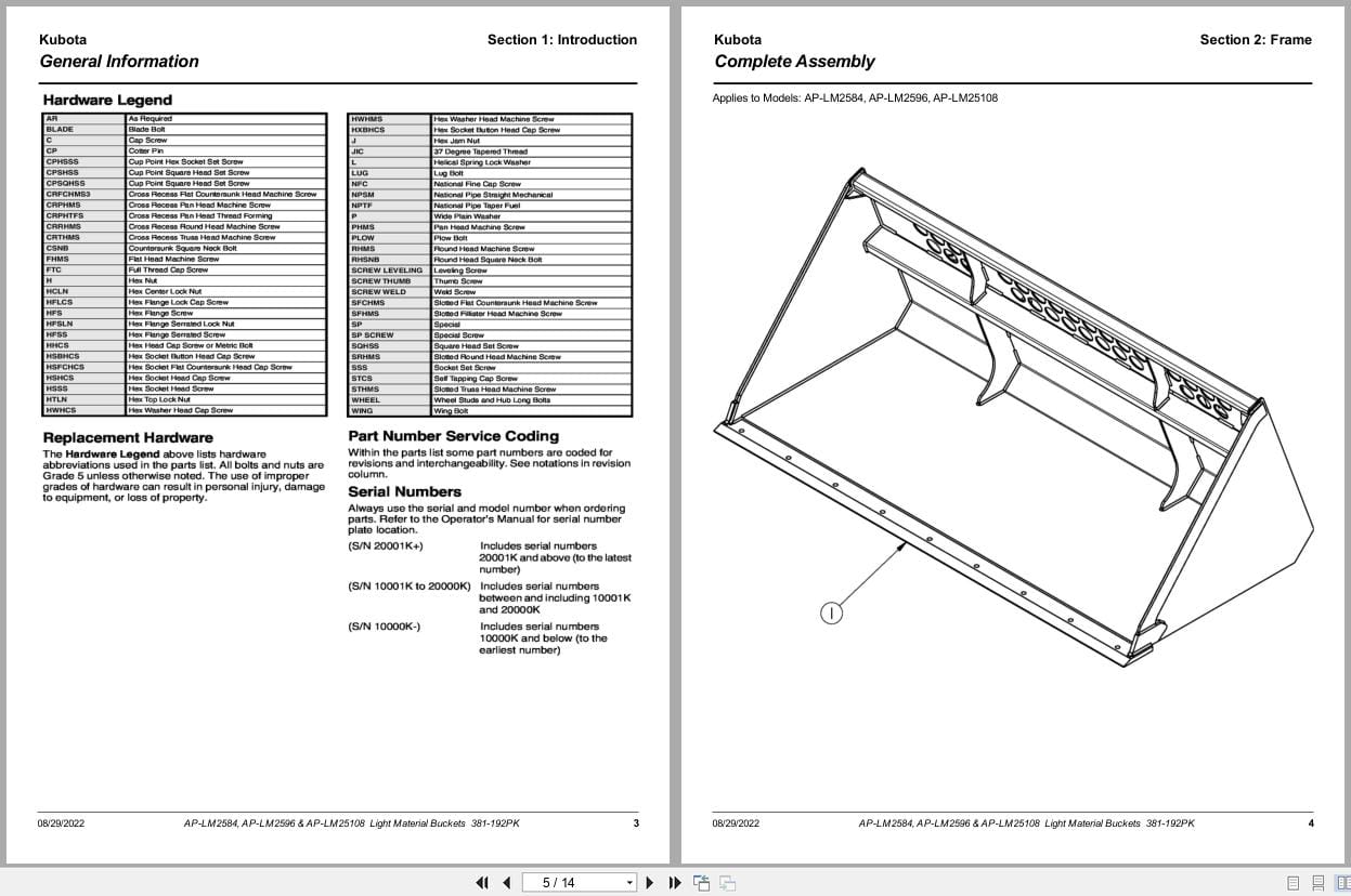 Kubota Light Material Buckets AP LM2584 AP LM2596 AP LM25108 Parts Manual 381 192PK (2)
