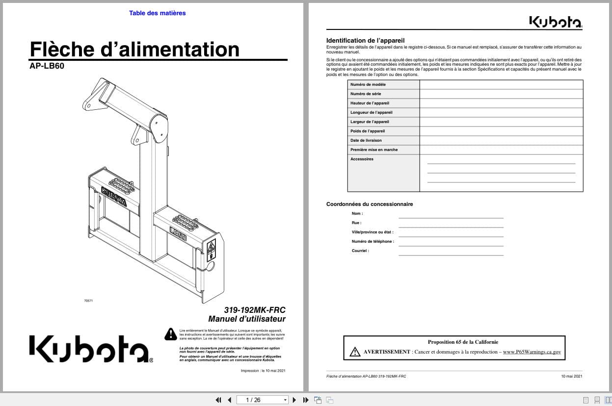 Kubota Loader Boom AP LB60 Operator Manual 319 192MK FRC FR (1)