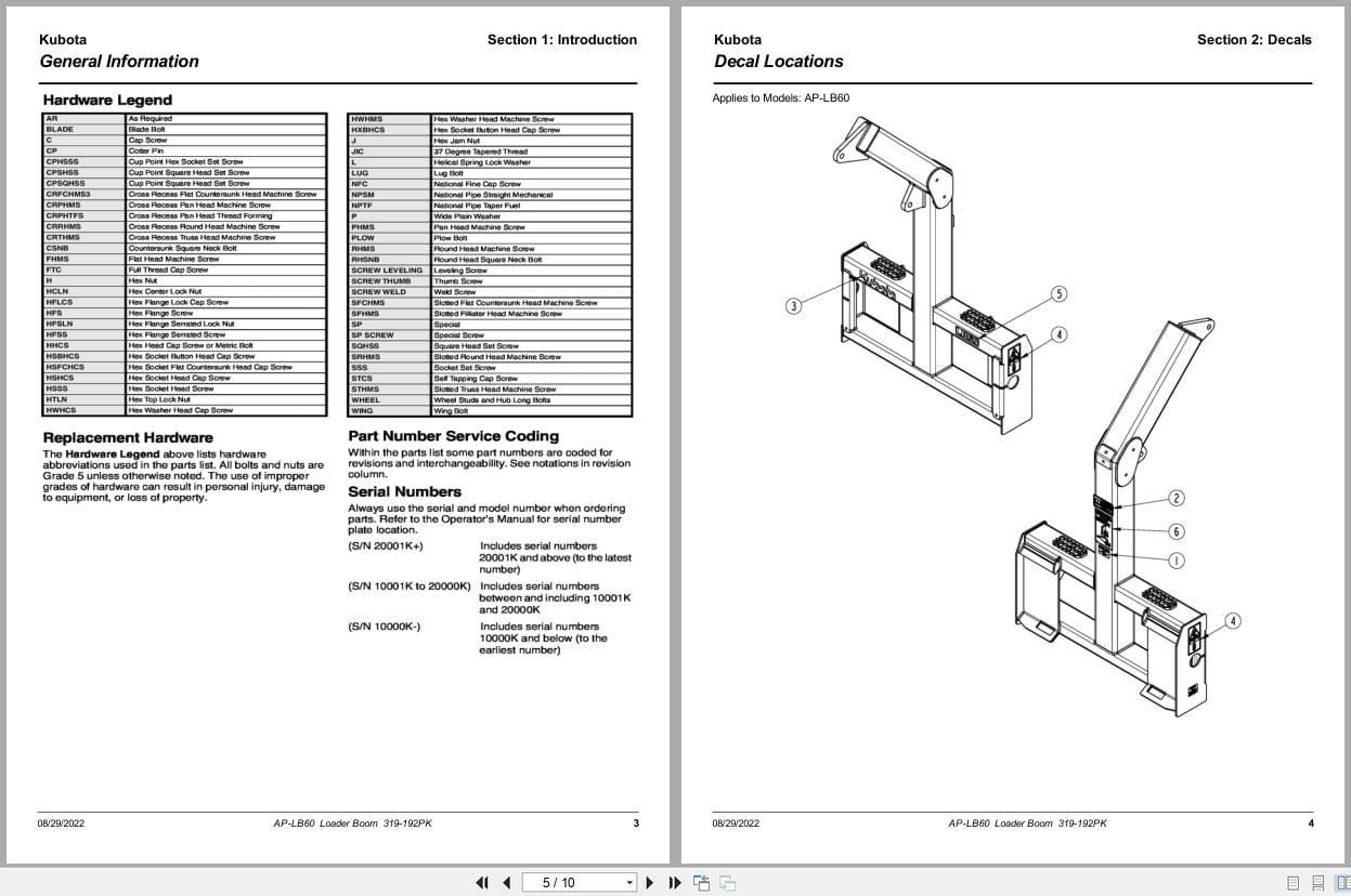 Kubota Loader Boom AP LB60 Parts Manual 319 192PK (2)