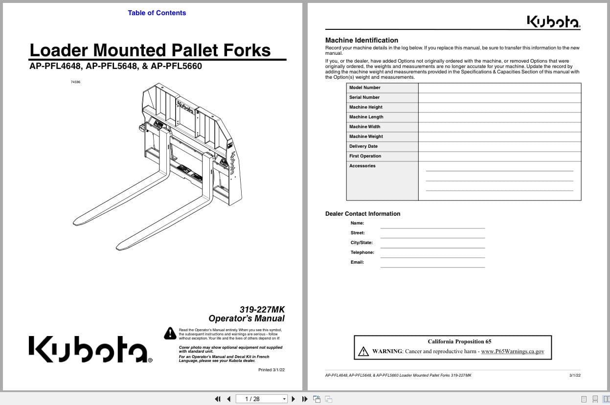 Kubota Loader Mounted Pallet Forks AP PFL4648 AP PFL5648 AP PFL5660 Operation Manual 319 227MK (1)