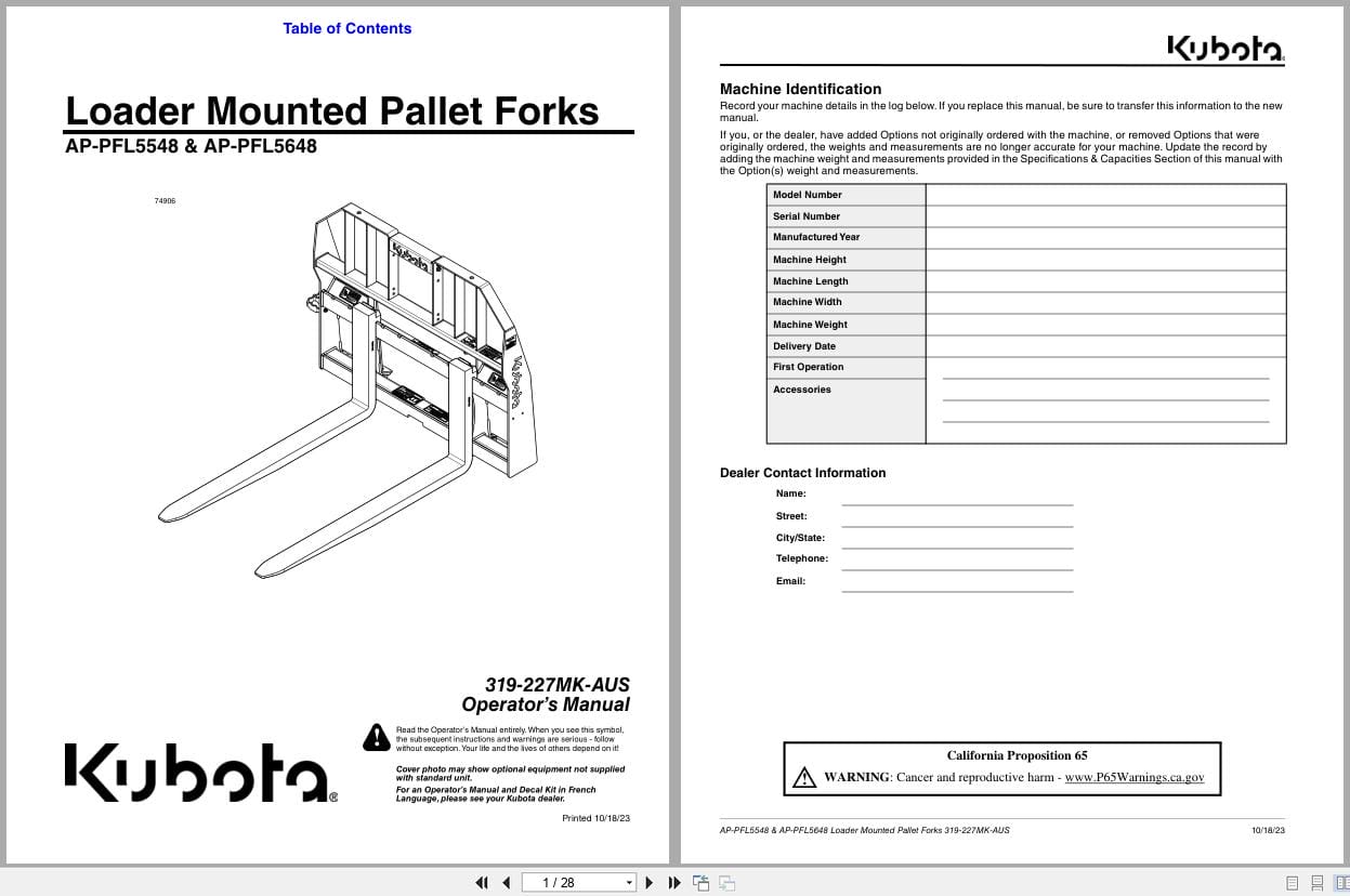 Kubota Loader Mounted Pallet Forks AP PFL5548 AP PFL5648 Operation Manual 319 227MK AUS (1)
