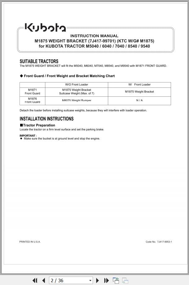 Kubota M1875 Weight Bracket For Tractor M5040 M9540 Instructions Manual 7J417 9953 1 (1)