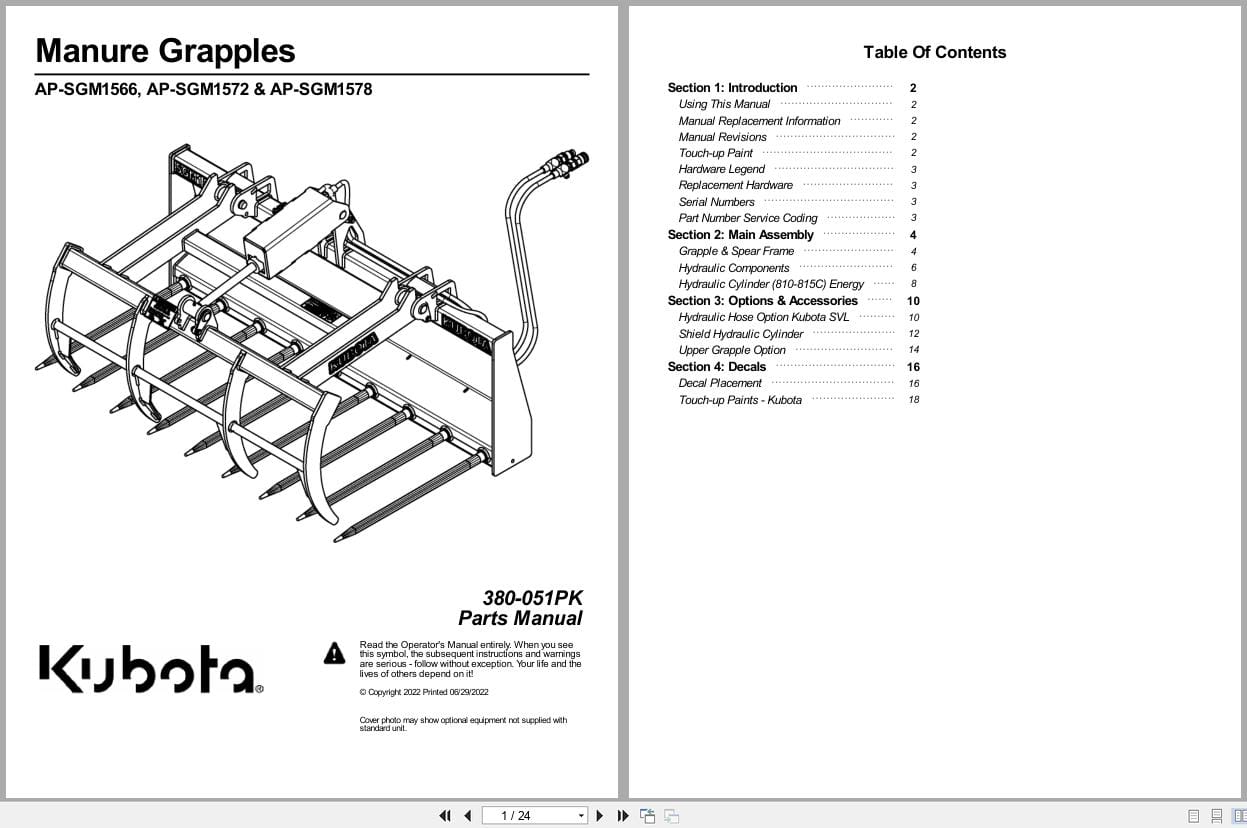 Kubota Manure Grapples AP SGM1566 AP SGM1572 AP SGM1578 Parts Manual 380 051PK (1)