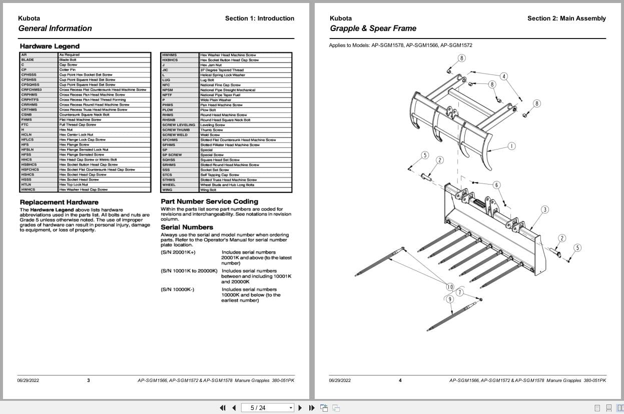 Kubota Manure Grapples AP SGM1566 AP SGM1572 AP SGM1578 Parts Manual 380 051PK (2)