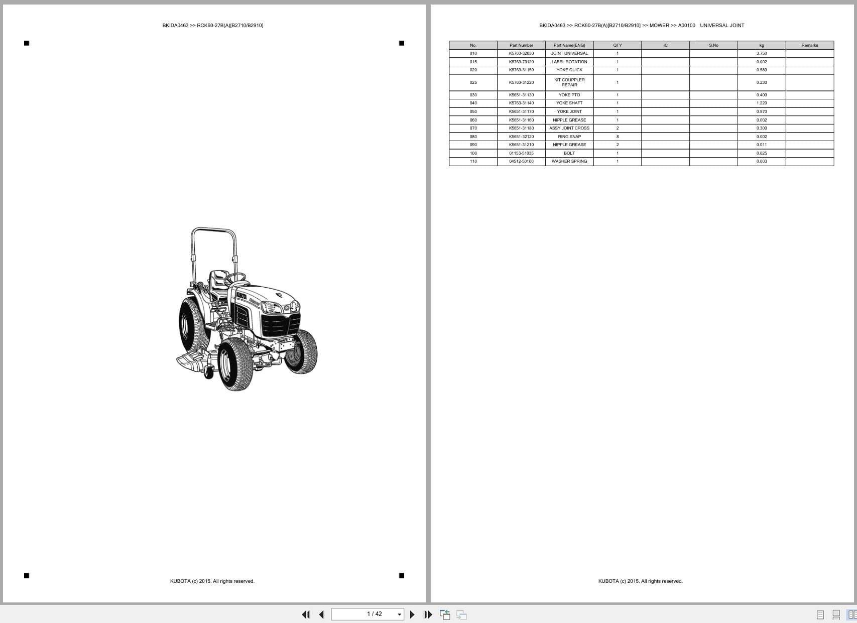 Kubota Mower RCK60 27B RCK60 27A [B2710 B2910] Australia Parts Catalog (1)