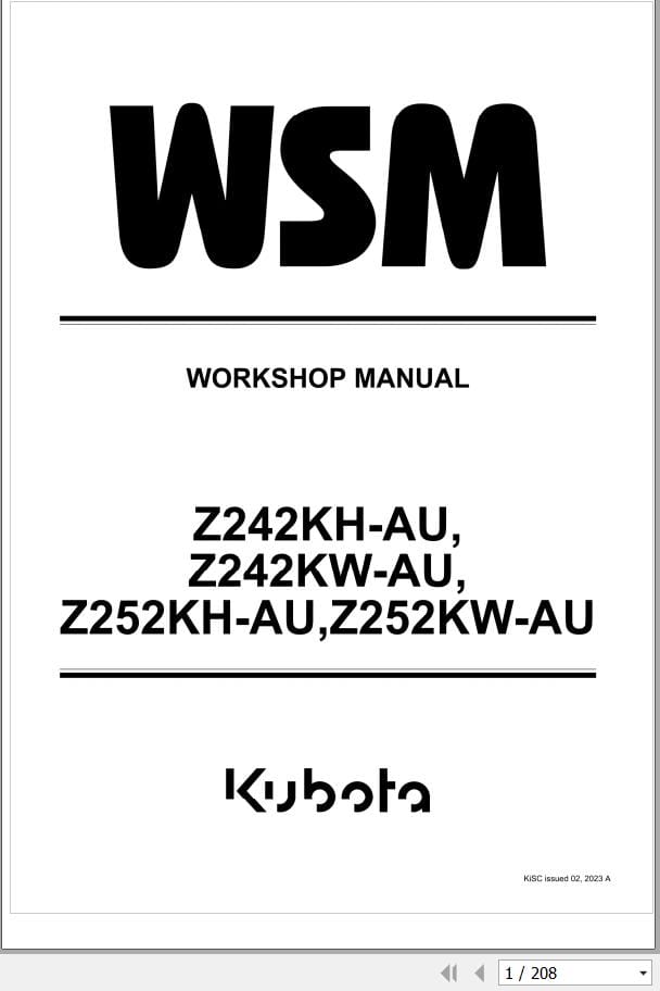 Kubota Mowers Z242KH AU Z242KW AU Z252KH AU Z252KW AU Workshop Manual 9Y111 27590 (1)