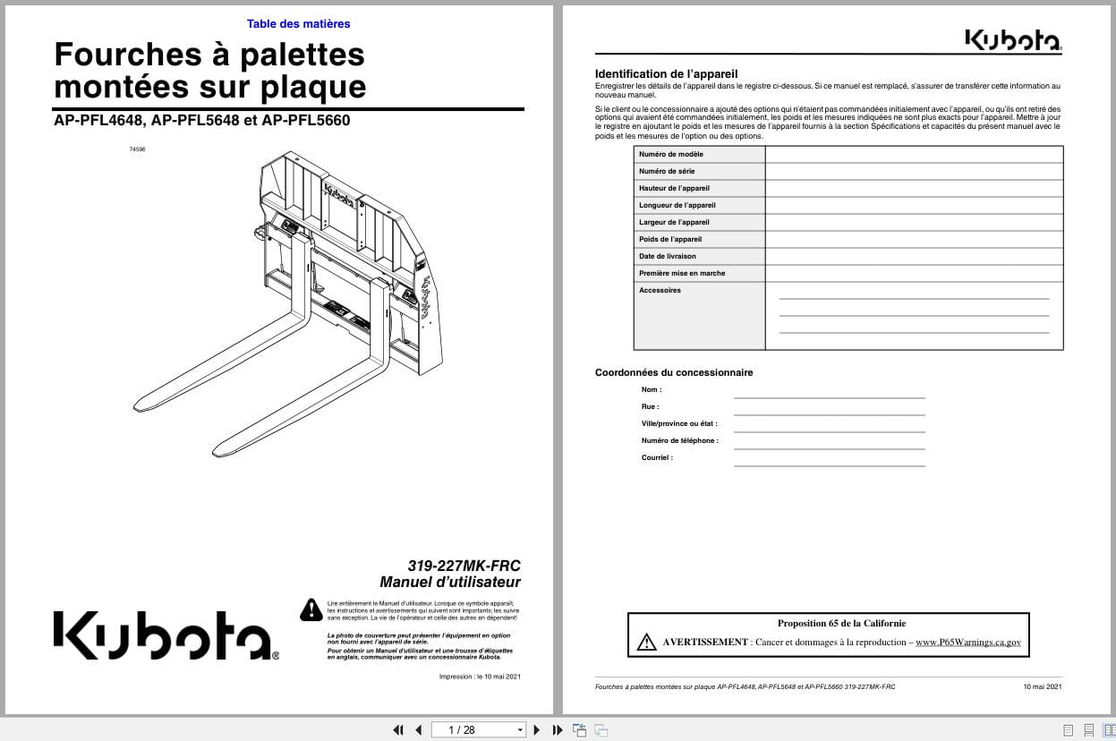 Kubota Pallet Forks AP PFL4648 AP PFL5648 AP PFL5660 Operator Manual 319 227MK FRC FR (1)