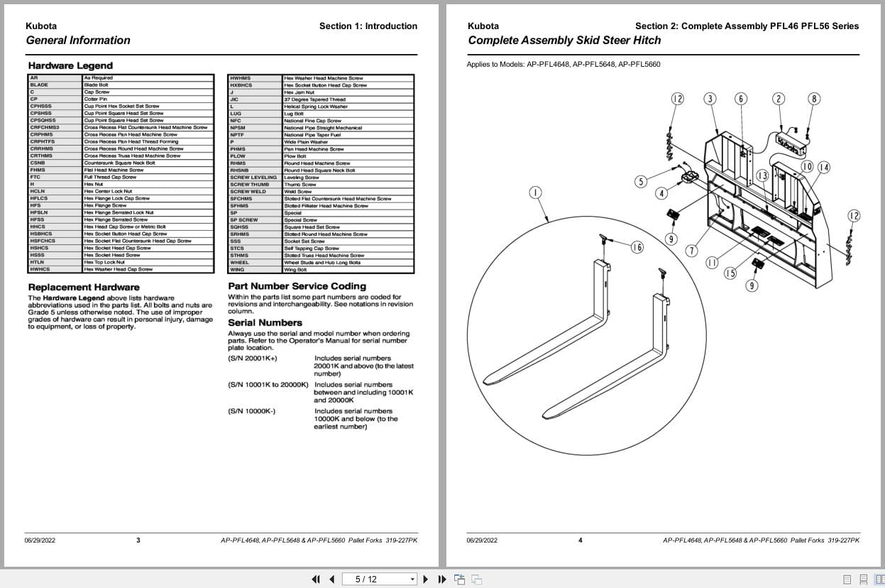 Kubota Pallet Forks AP PFL4648 AP PFL5648 AP PFL5660 Parts Manual 319 227PK (2)