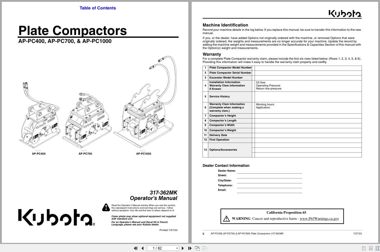 Kubota Plate Compactors AP PC400 AP PC700 AP PC1000 Operation Manual 317 362MK (1)