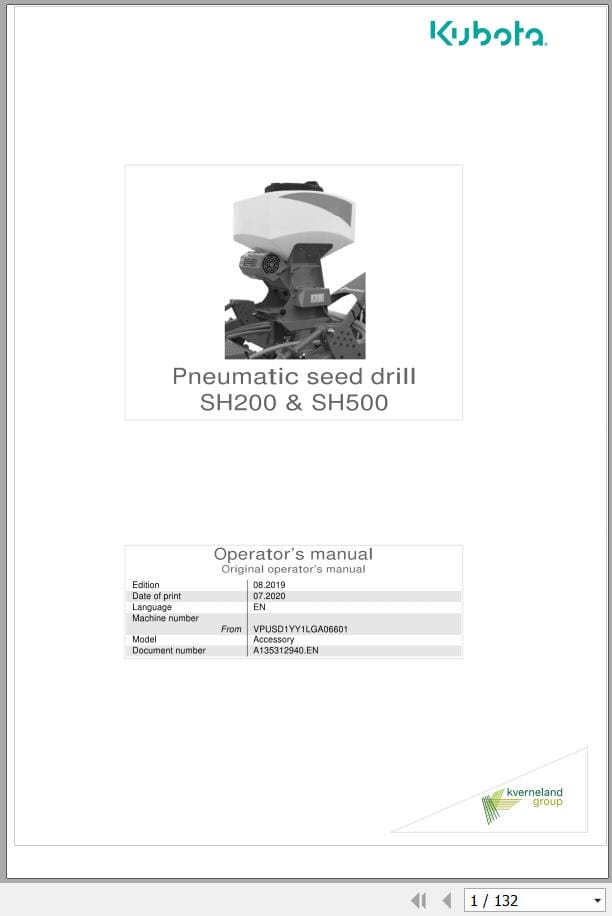 Kubota Pneumatic Seed Drill SH200 SH500 Operators Manual Al35312940.EN (1)