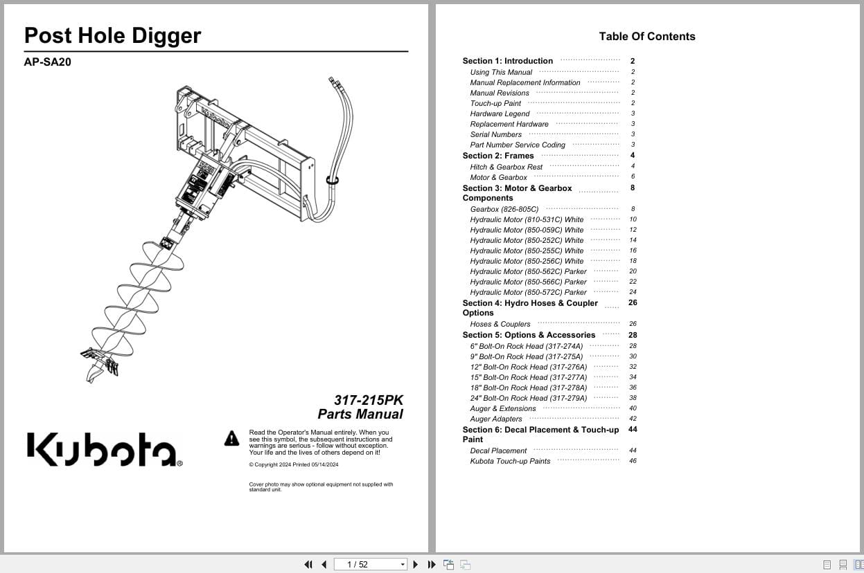 Kubota Post Hole Digger AP SA20 Parts Manual 317 215PK (1)
