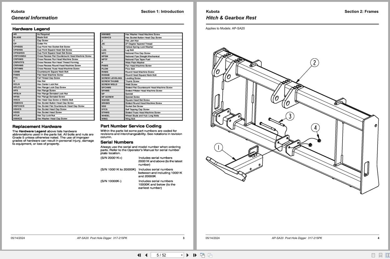 Kubota Post Hole Digger AP SA20 Parts Manual 317 215PK (2)