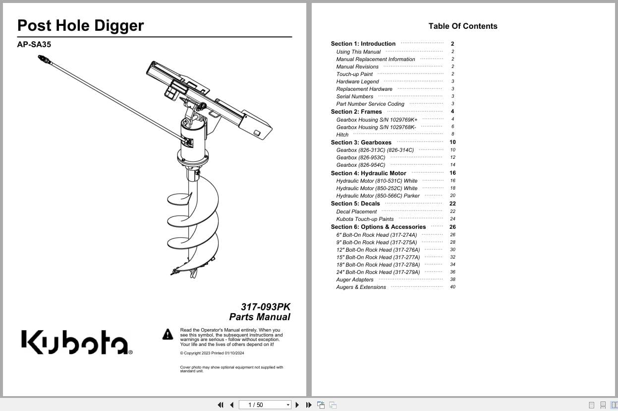 Kubota Post Hole Digger AP SA35 Parts Manual 317 093PK (1)