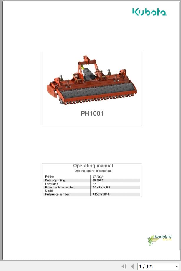 Kubota Power Harrow PH1001 Operating Manual A156126840 (1)