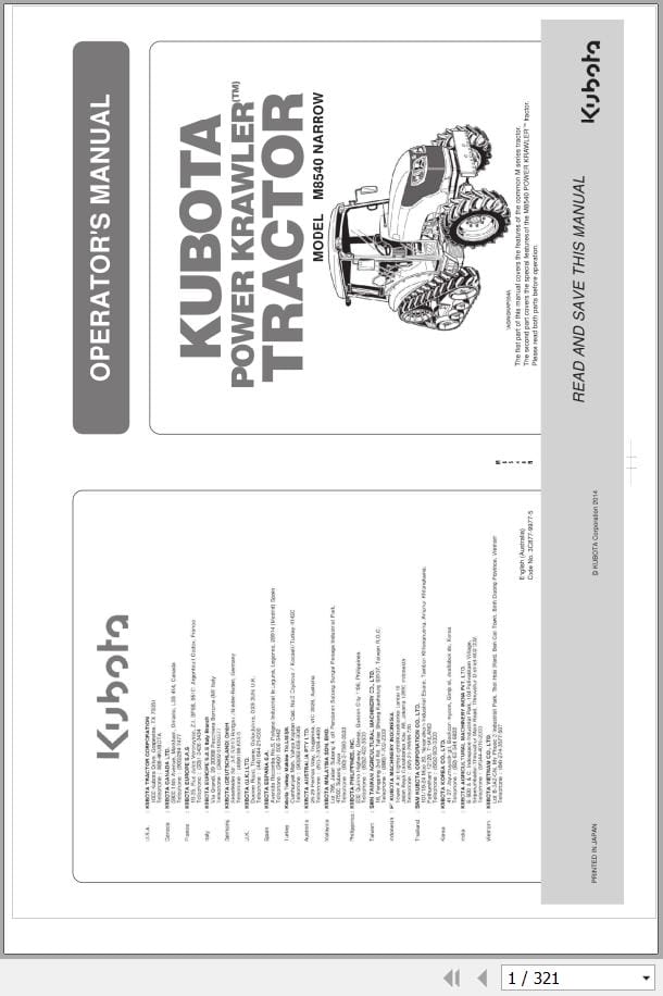Kubota Power Krawler Tractor M8540 NARROW Operators Manual 3C877 9977 5 (1)
