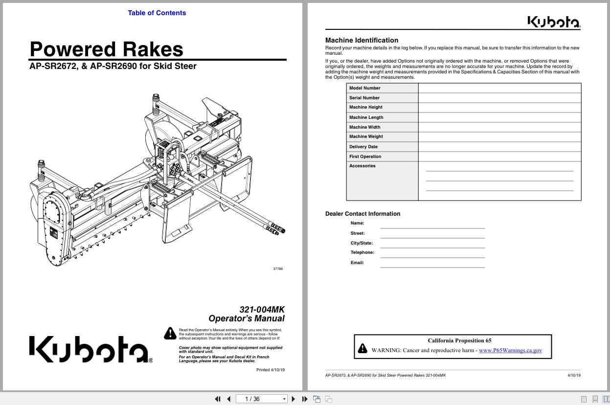 Kubota Powered Rakes AP SR2672 AP SR2690 Operation Manual 321 004MK (1)