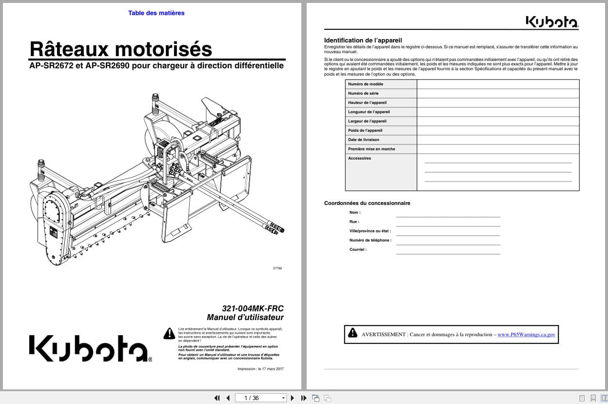 Kubota Powered Rakes AP SR2672 AP SR2690 Operator Manual 321 004MK FRC FR (1)
