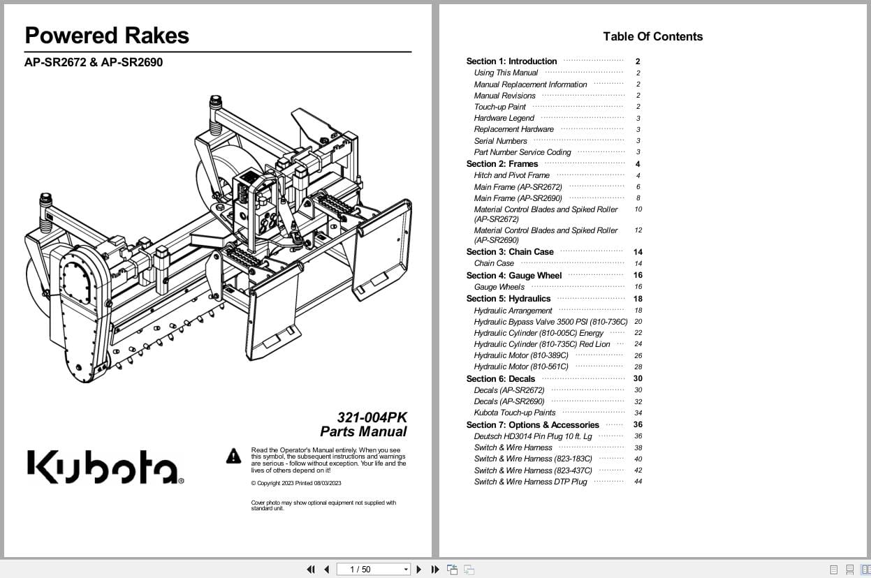 Kubota Powered Rakes AP SR2672 AP SR2690 Parts Manual 321 004PK (1)