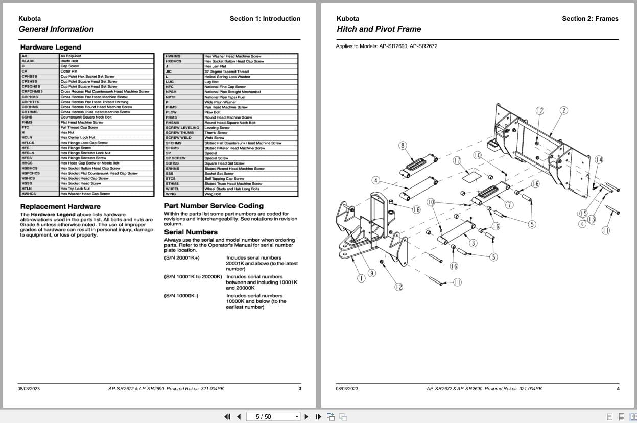 Kubota Powered Rakes AP SR2672 AP SR2690 Parts Manual 321 004PK (2)