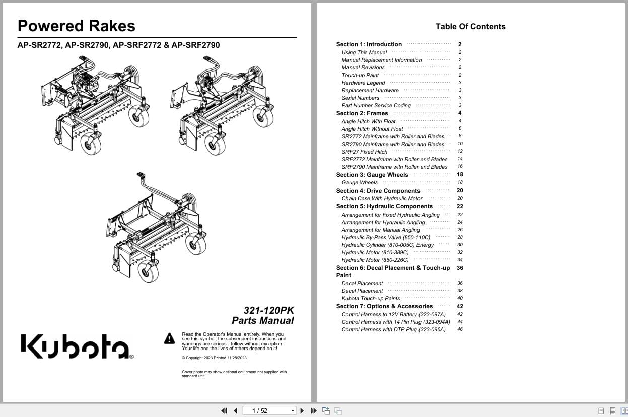 Kubota Powered Rakes AP SR2772 AP SR2790 AP SRF2772 AP SRF2790 Parts Manual 321 120PK (1)