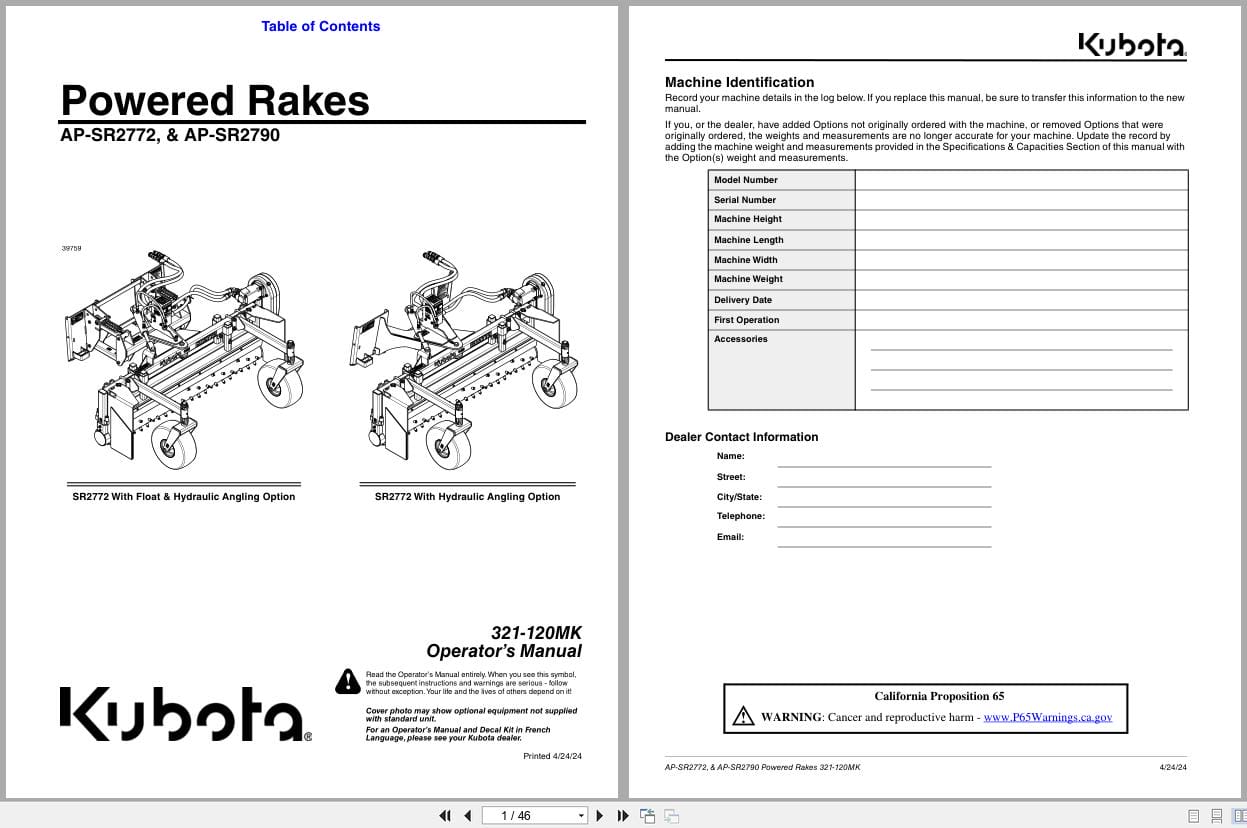 Kubota Powered Rakes AP SR2772 AP SR2790 Operation Manual 321 120MK (1)