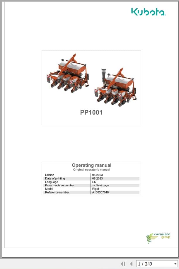 Kubota Precision Planter PP1001 Operating Manual A156307840 (1)