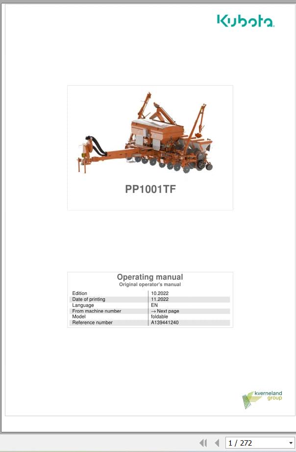 Kubota Precision Planter PP1001TF Operating Manual A139441240 (1)