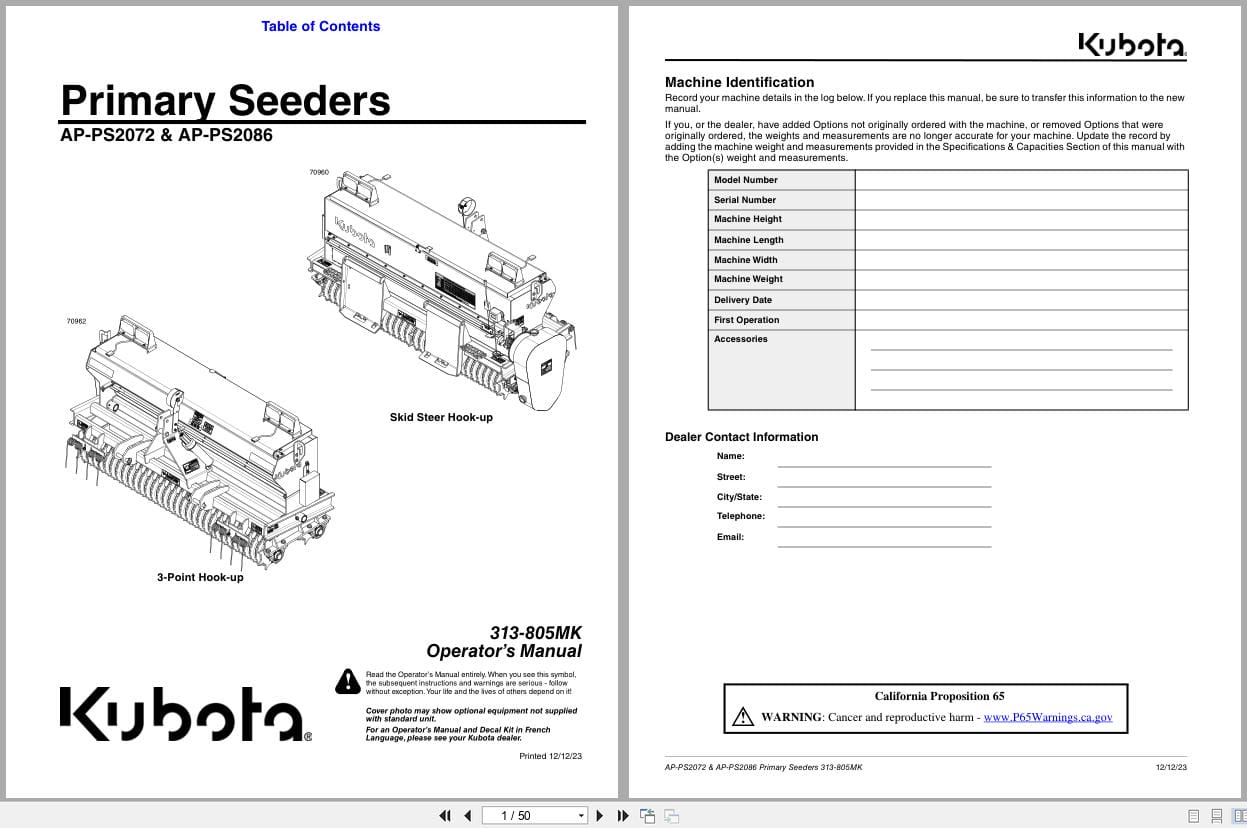 Kubota Primary Seeder AP PS2072 AP PS2086 Operation Manual 313 805MK 2023 (1)