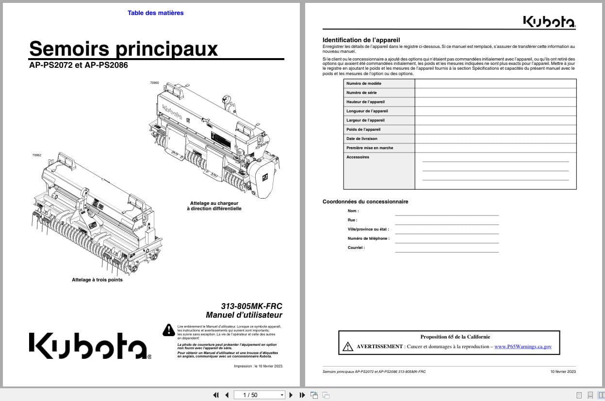 Kubota Primary Seeder AP PS2072 AP PS2086 Operator Manual 313 805MK FRC FR (1)