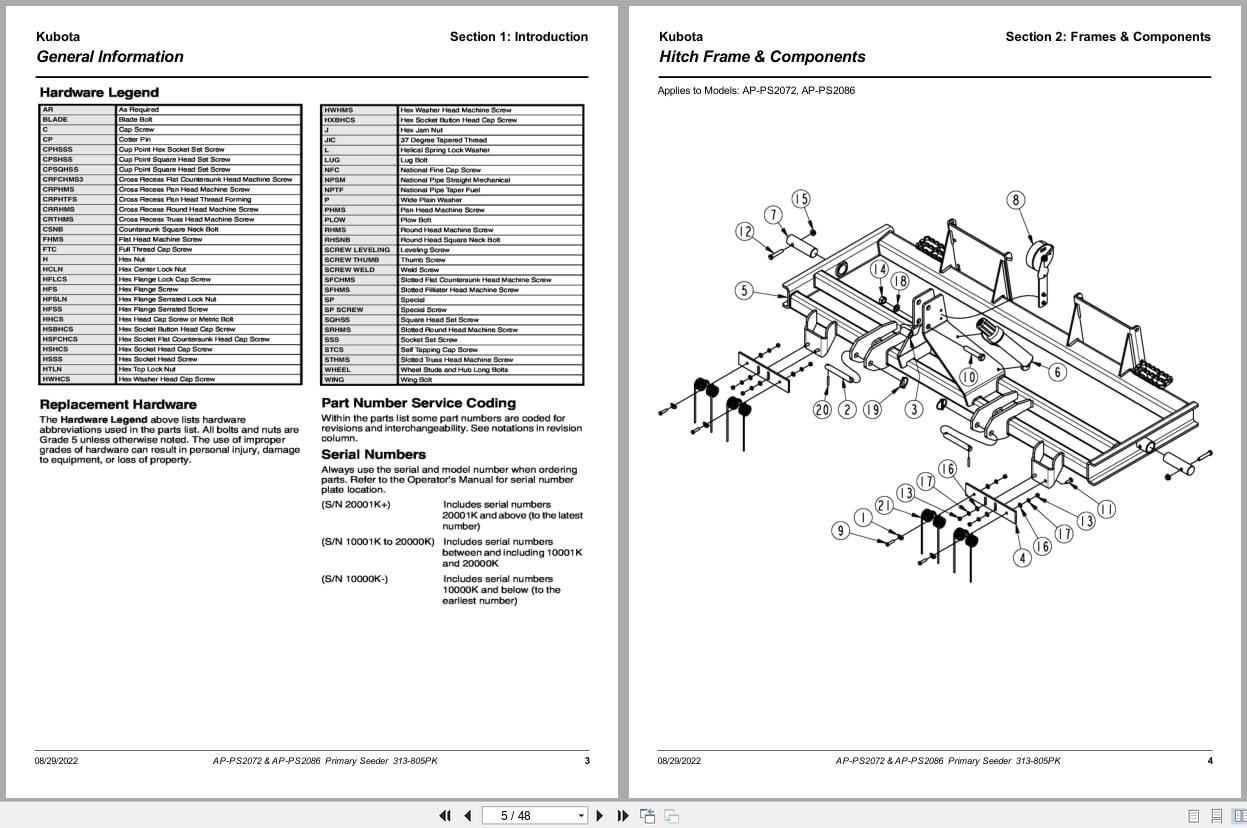 Kubota Primary Seeder AP PS2072 AP PS2086 Parts Manual 313 805PK (2)