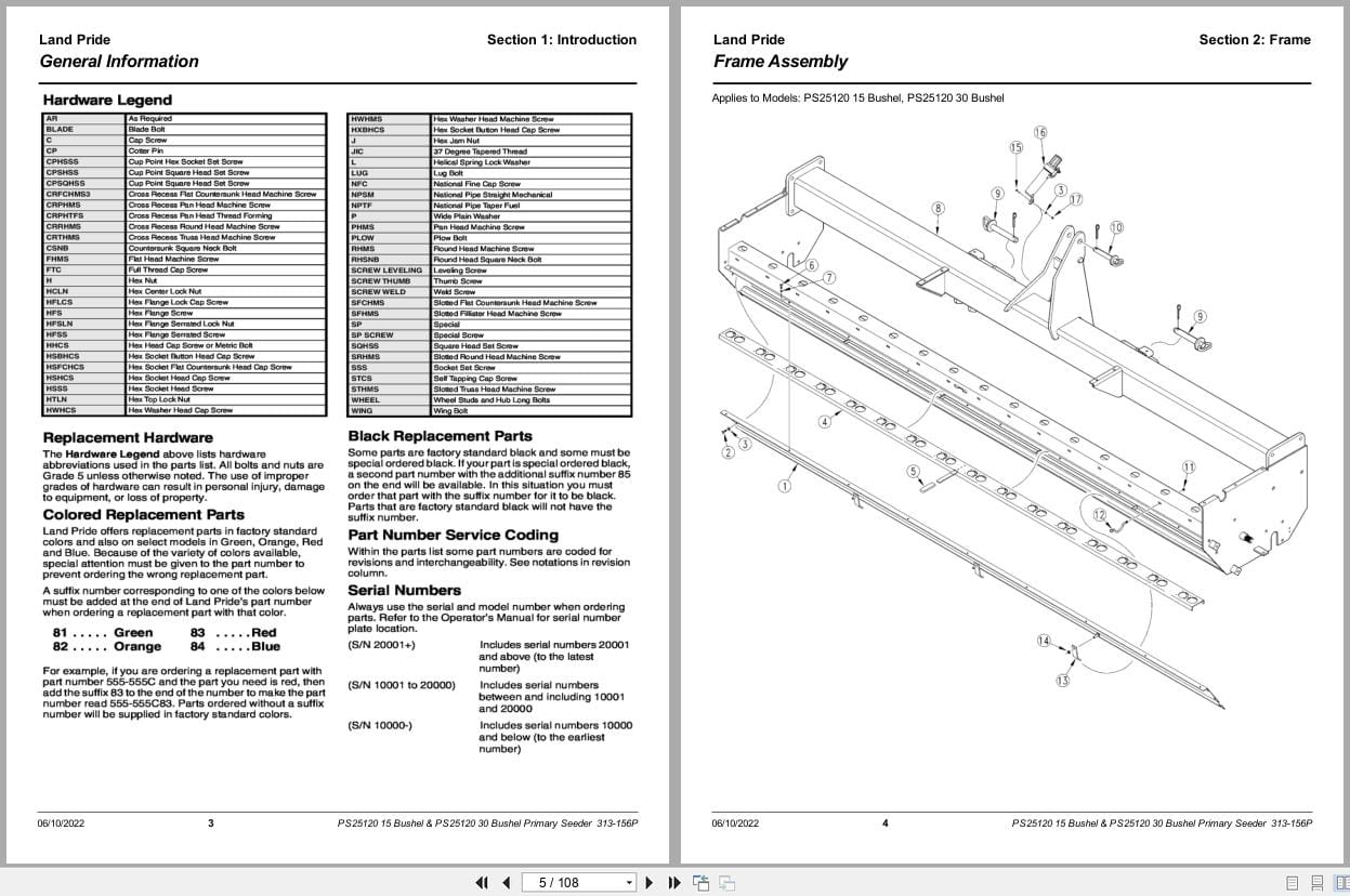 Kubota Primary Seeder Seeder PS25120 15 30 Bushel Parts Manual 313 156P (2)