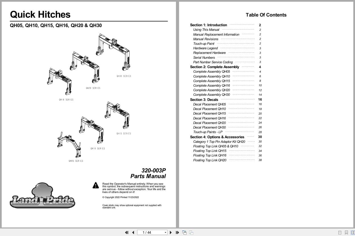 Kubota Quick Hitches QH05 to QH30 Parts Manual 320 003P (1)