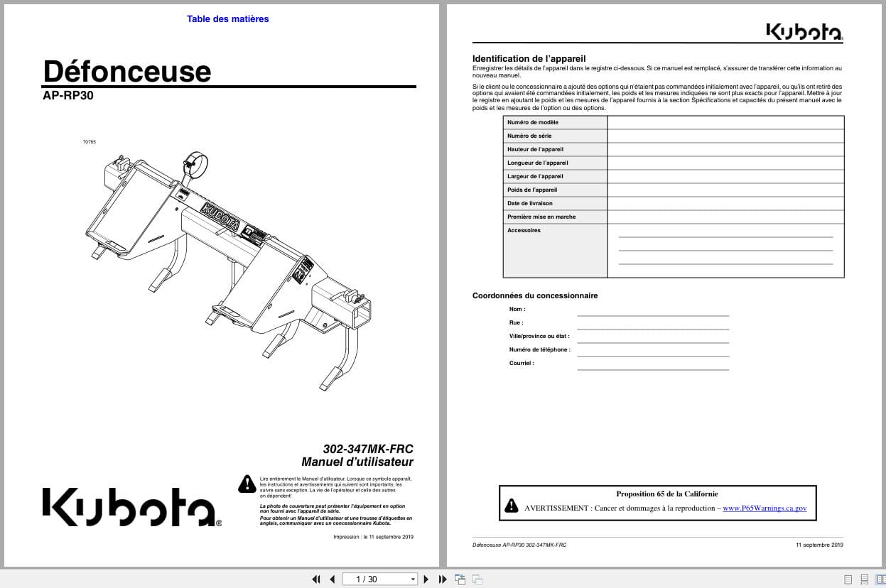 Kubota Ripper AP RP30 Operator Manual 302 347MK FRC FR (1)