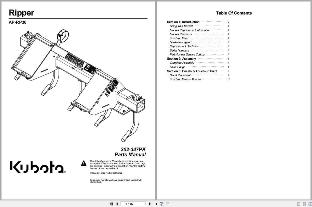 Kubota Ripper AP RP30 Parts Manual 302 347PK (1)