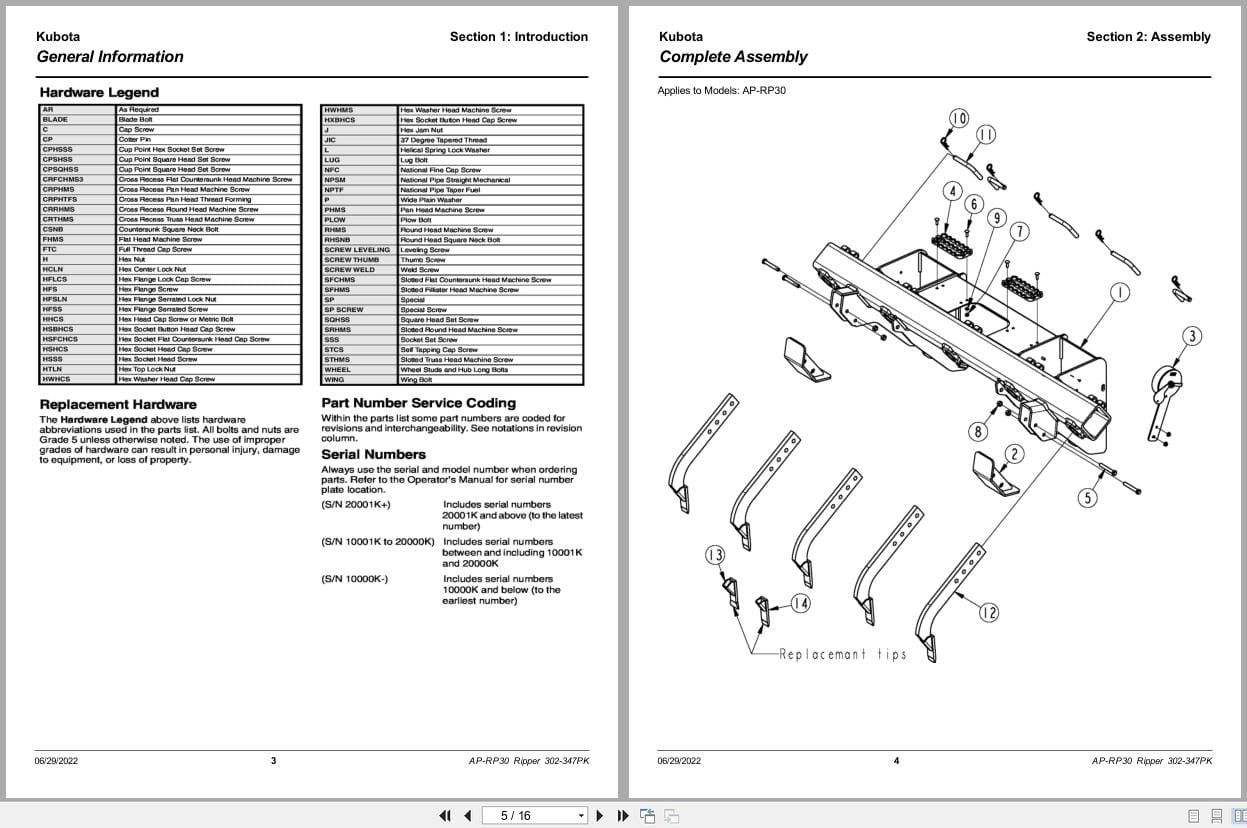Kubota Ripper AP RP30 Parts Manual 302 347PK (2)