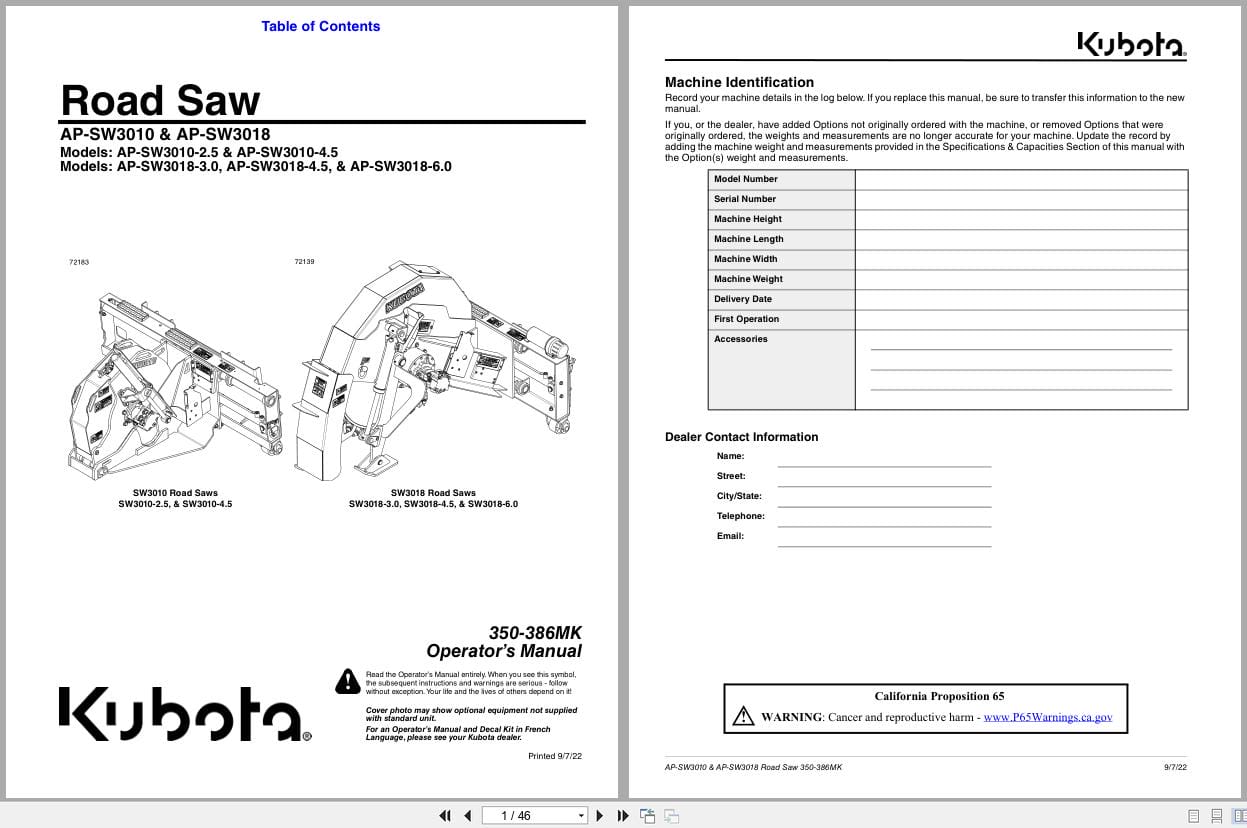 Kubota Road Saws AP SW3010 AP SW3018 Operation Manual 350 386MK (1)