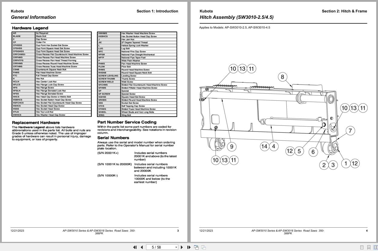 Kubota Road Saws AP SW3010 AP SW3018 Series Parts Manual 350 386PK (2)