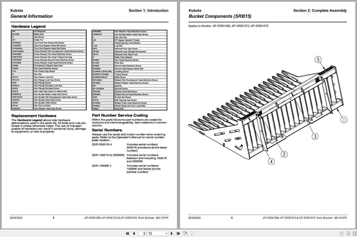 Kubota Rock Buckets AP SRB1566 AP SRB1572 AP SRB1578 Parts Manual 380 101PK (2)