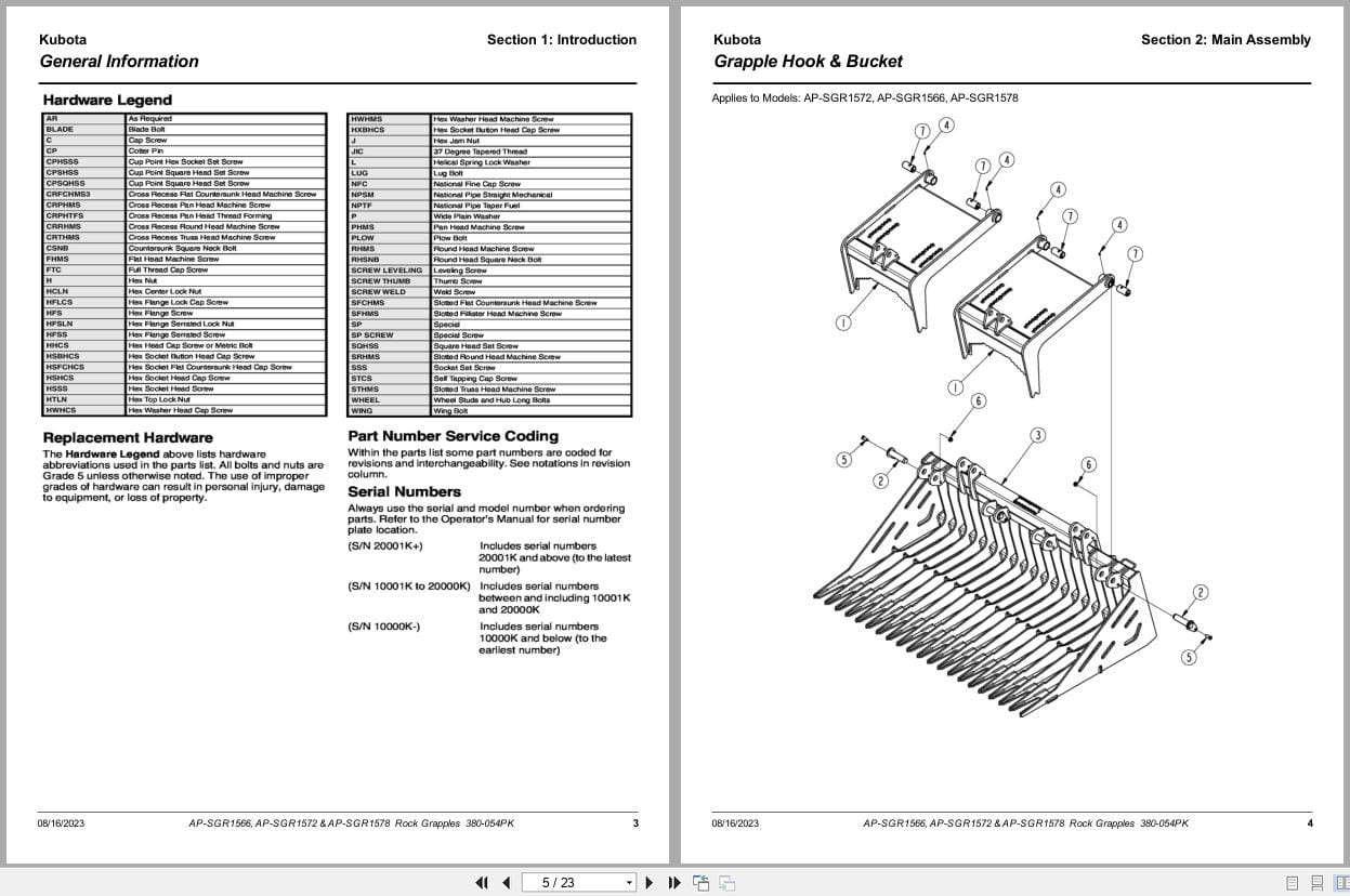 Kubota Rock Grapples AP SGR1566 AP SGR1572 AP SGR1578 Parts Manual 380 054PK (2)