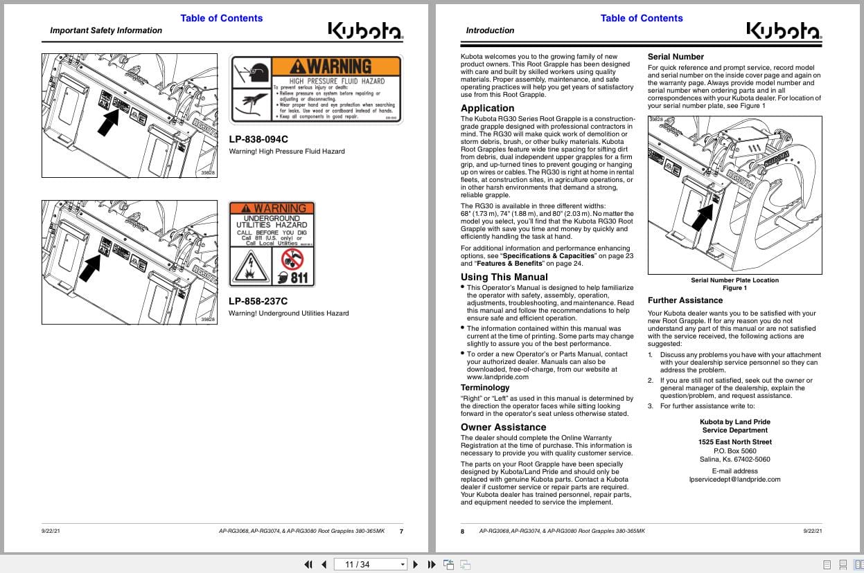 Kubota Root Grapples AP RG3068 AP RG3074 AP RG3080 Operation Manual 380 365MK (2)
