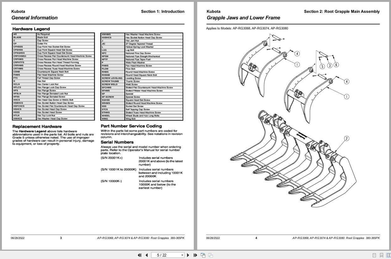 Kubota Root Grapples AP RG3068 AP RG3074 AP RG3080 Parts Manual 380 365PK (2)