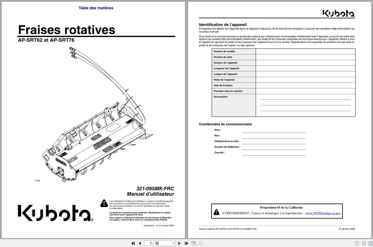 Kubota Rotary Cutters AP SRT62 AP SRT76 Operator Manual 321 095MK FRC FR (1)