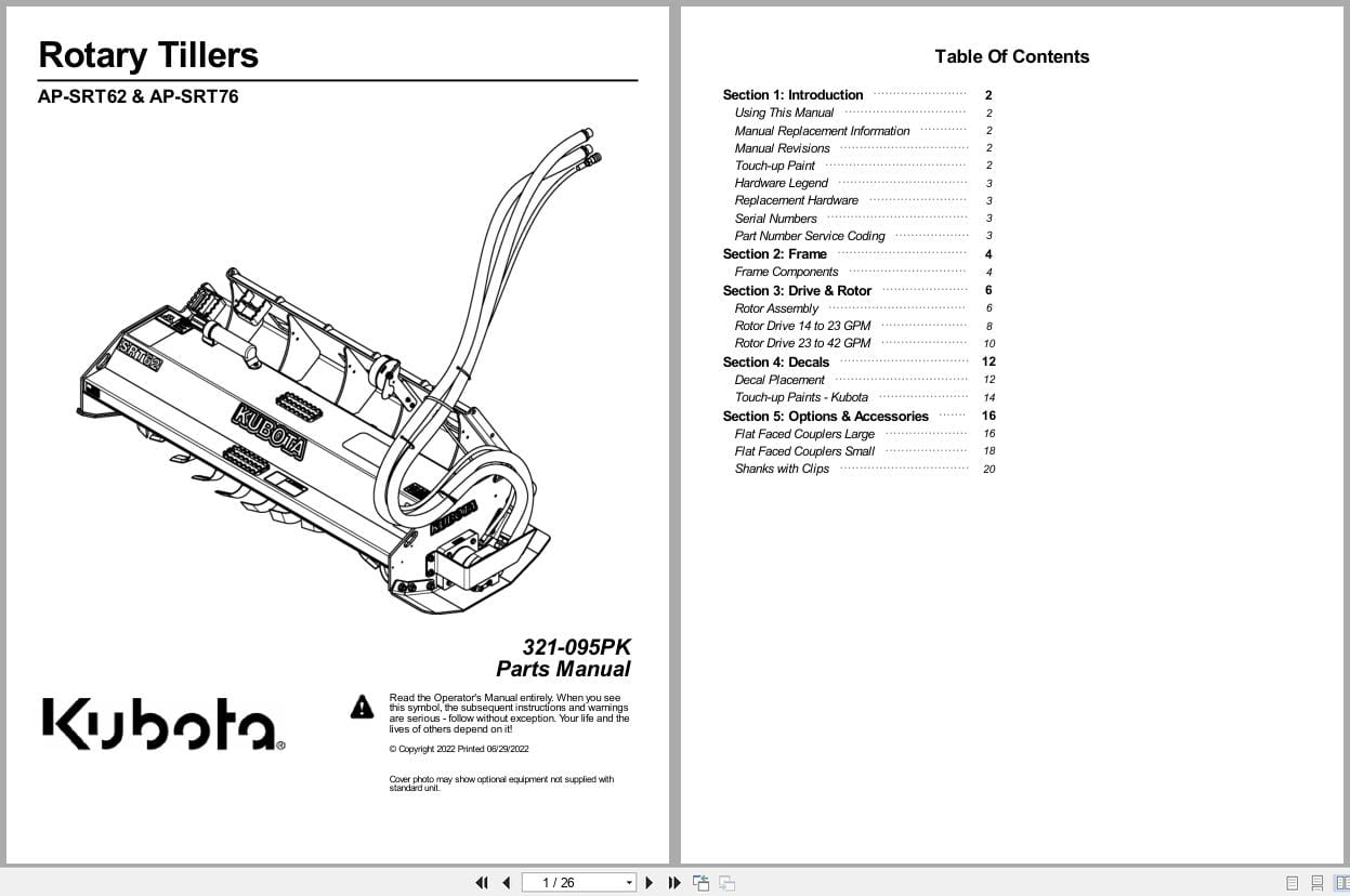 Kubota Rotary Tillers AP SRT62 AP SRT76 Parts Manual 321 095PK (1)