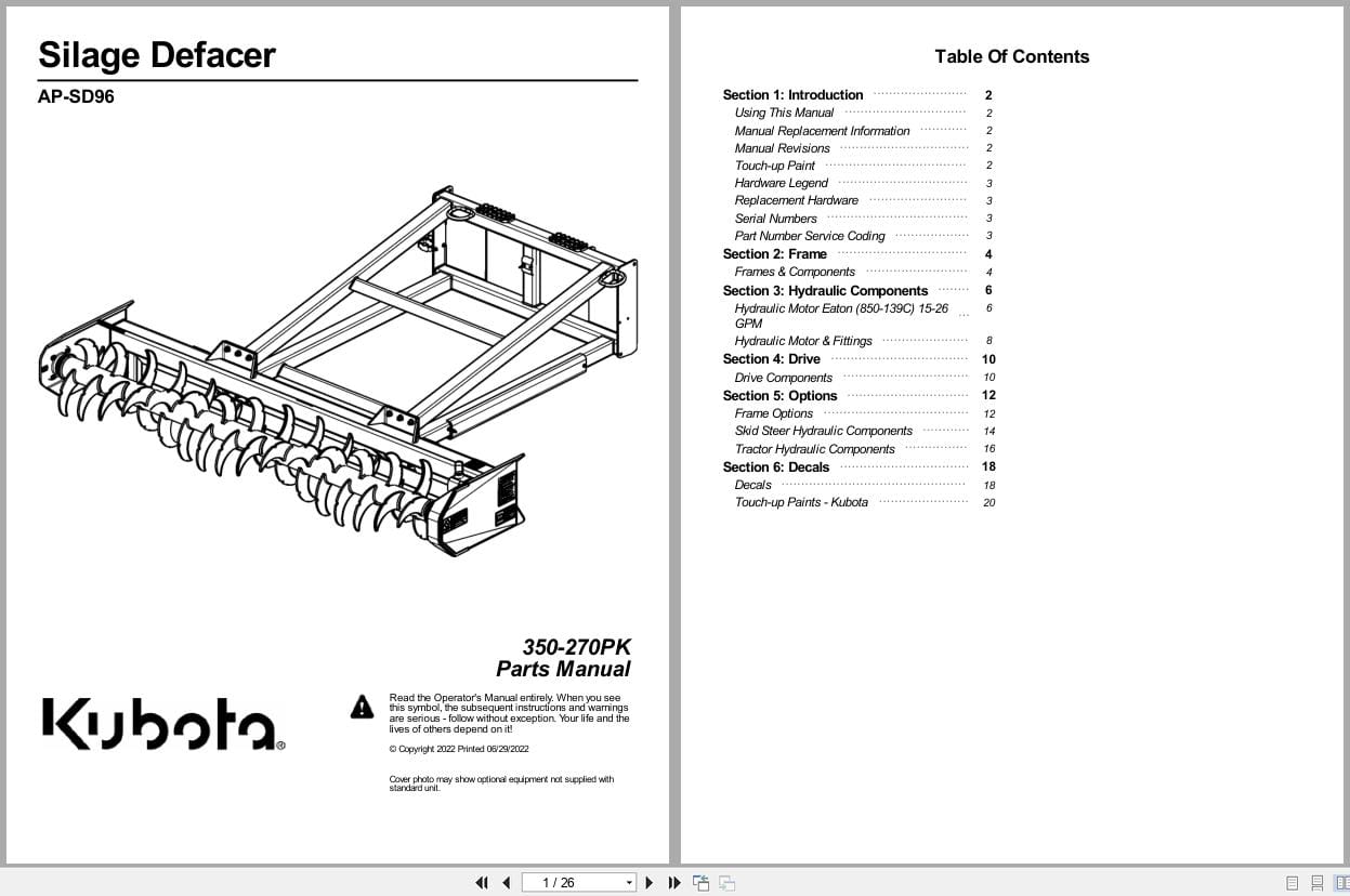Kubota Silage Defacer AP SD96 Parts Manual 350 270PK (1)