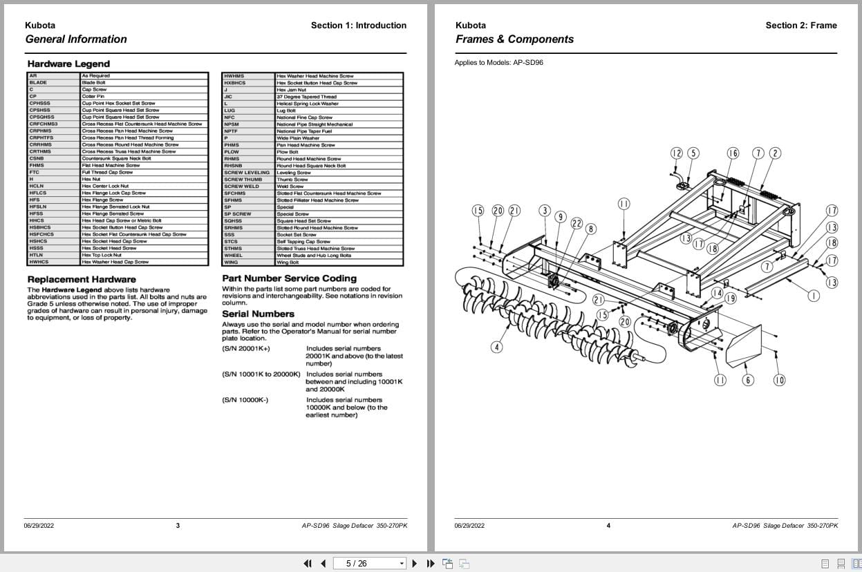 Kubota Silage Defacer AP SD96 Parts Manual 350 270PK (2)