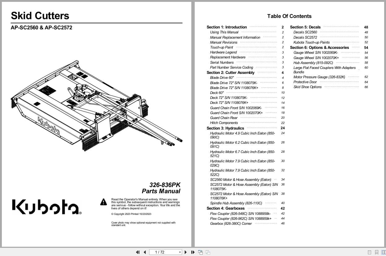 Kubota Skid Cutter AP SC2560 AP SC2572 Parts Manual 326 836PK (1)