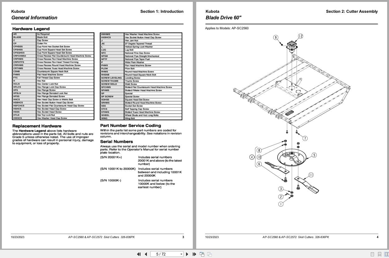 Kubota Skid Cutter AP SC2560 AP SC2572 Parts Manual 326 836PK (2)