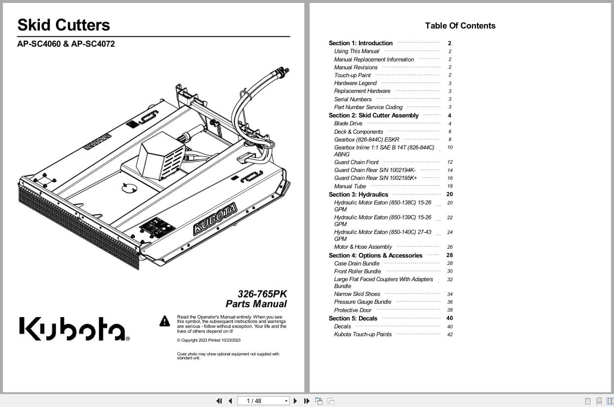 Kubota Skid Cutter AP SC4060 AP SC4072 Parts Manual 326 765PK (1)