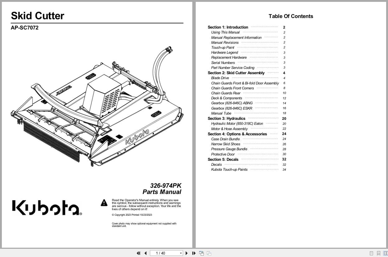 Kubota Skid Cutter AP SC7072 Parts Manual 326 974PK (1)