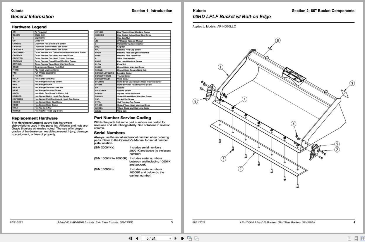 Kubota Skid Steer Buckets AP HD66 AP HD68 Parts Manual 381 338PK (2)